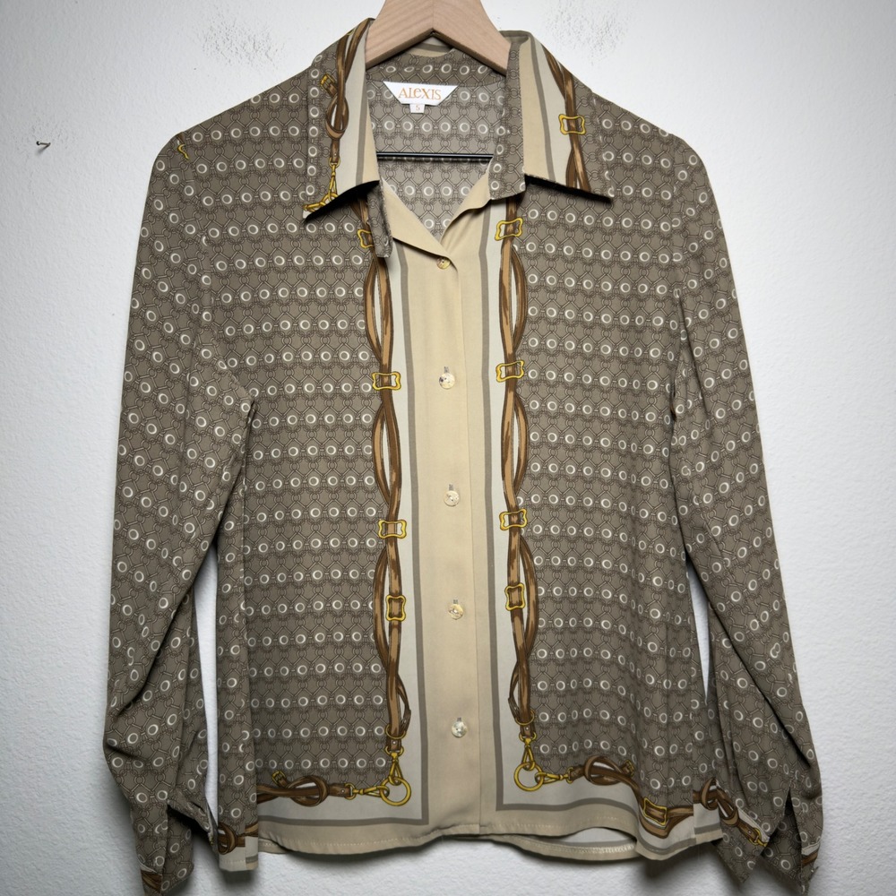 Alexis Women Blouse Small Taupe Equestrian Chain Scarf Print Button Down Classic